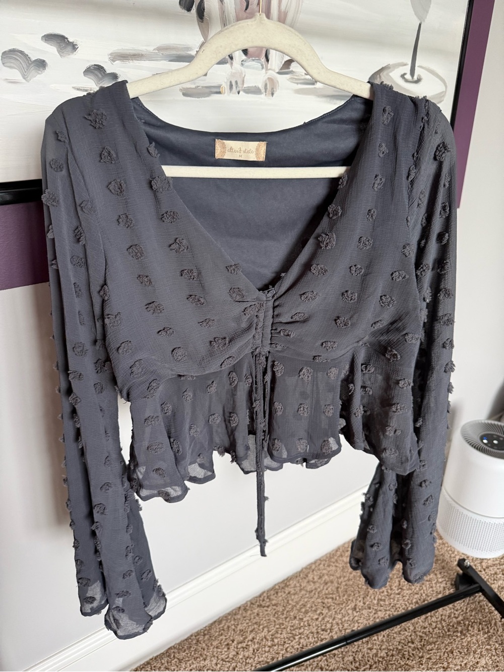 Altar'd State Black Textured Tie-Front Peplum Long Sleeve Top